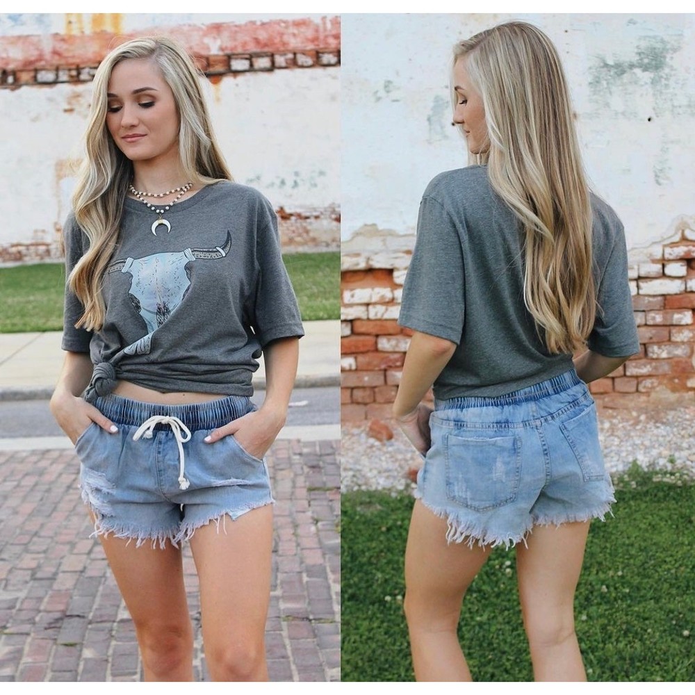 Boutique Womens Denim Shorts Distressed With Elastic Waistband!